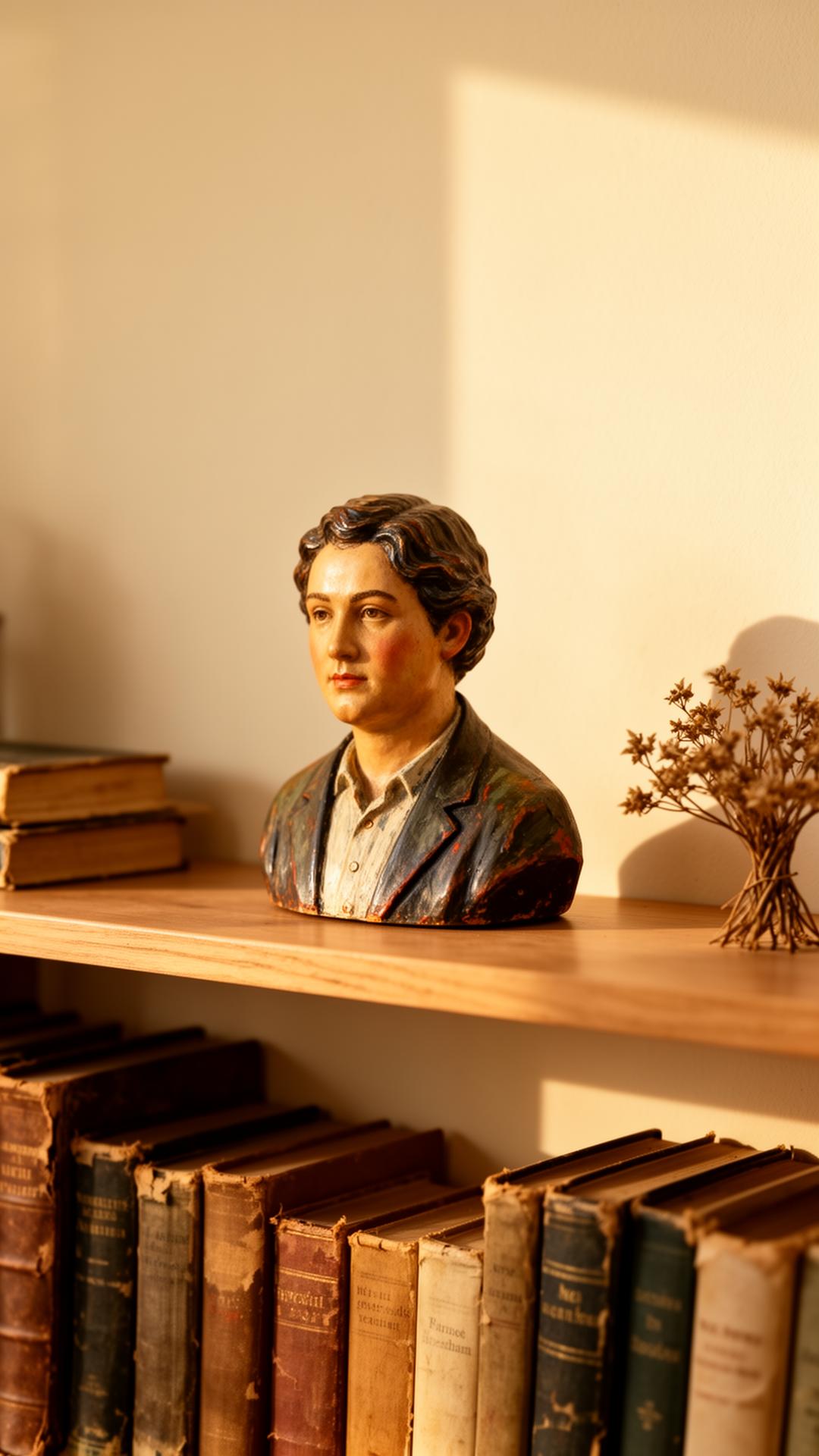 A small painted portrait bust on a wooden bookshelf beside old books